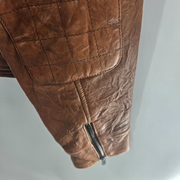 Vintage Ben Sherman Brown Leather Jacket Moto Quilted Back Distressed Flaws Med - Picture 9 of 16